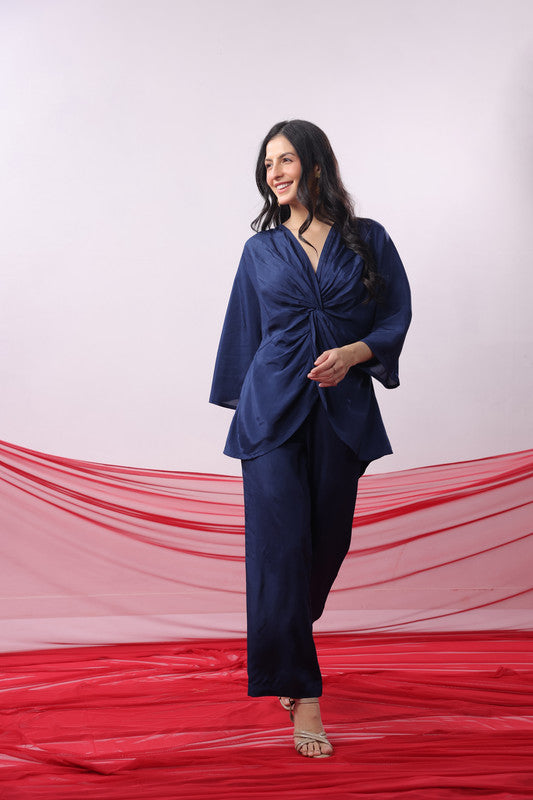 Navy Blue Twisted Solid Co-ord Set