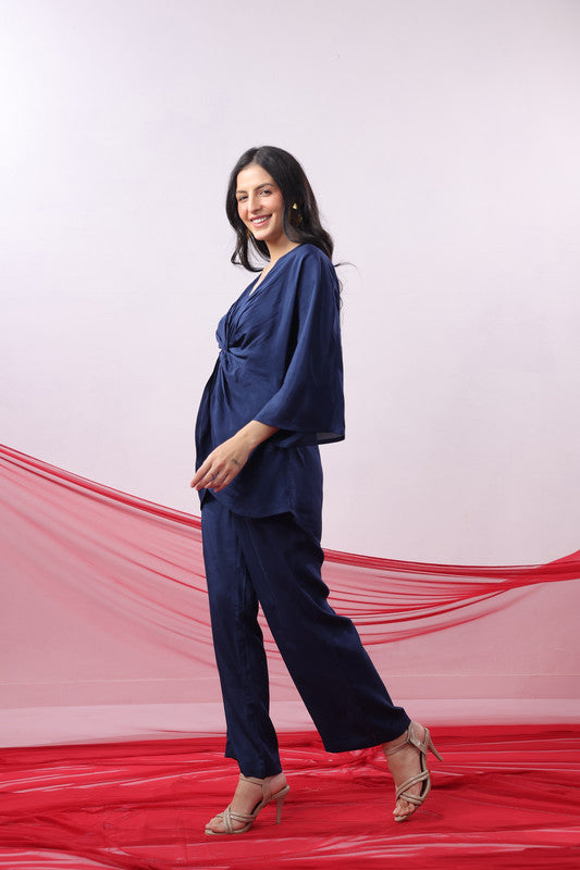 Navy Blue Twisted Solid Co-ord Set