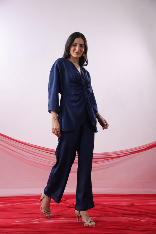 Navy Blue Twisted Solid Co-ord Set