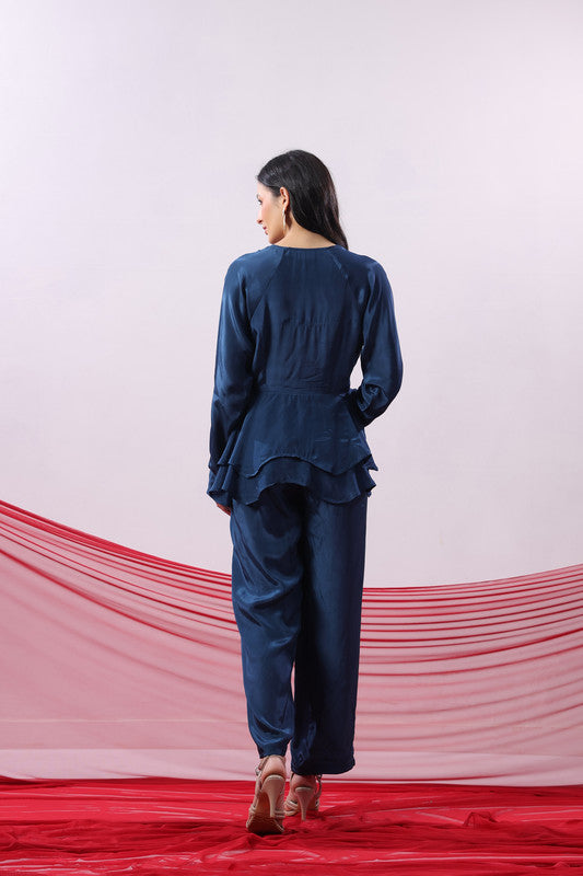 Navy Blue Solid Lace-Up Front Co-Ord Set