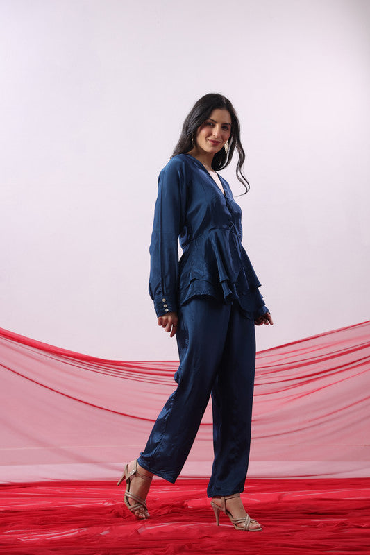 Navy Blue Solid Lace-Up Front Co-Ord Set