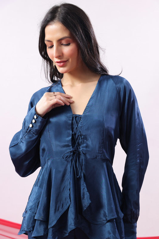 Navy Blue Solid Lace-Up Front Co-Ord Set