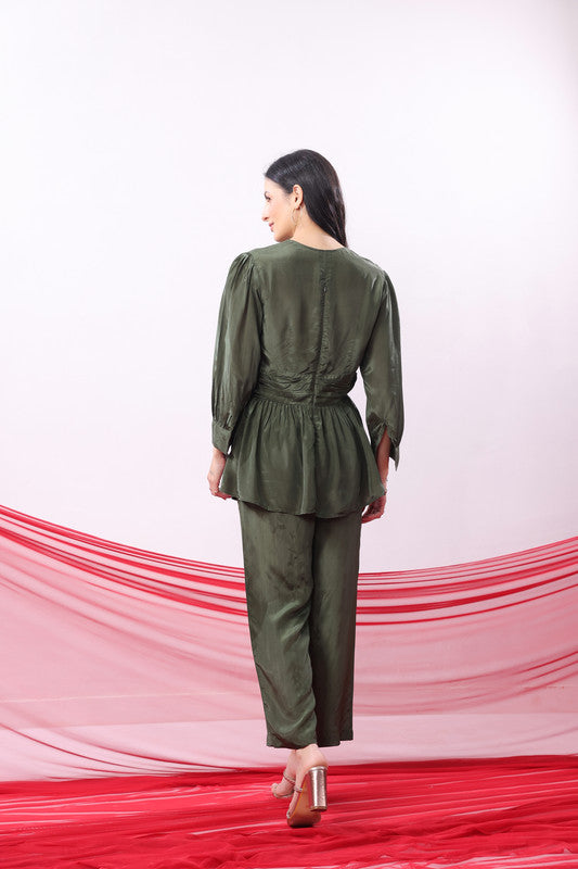 Olive Green Solid Twist Front Knot Co-Ord Set