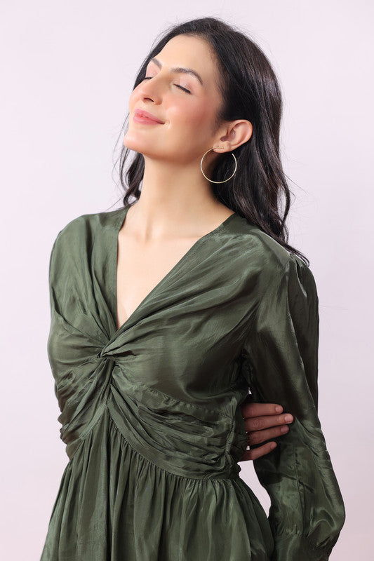 Olive Green Solid Twist Front Knot Co-Ord Set