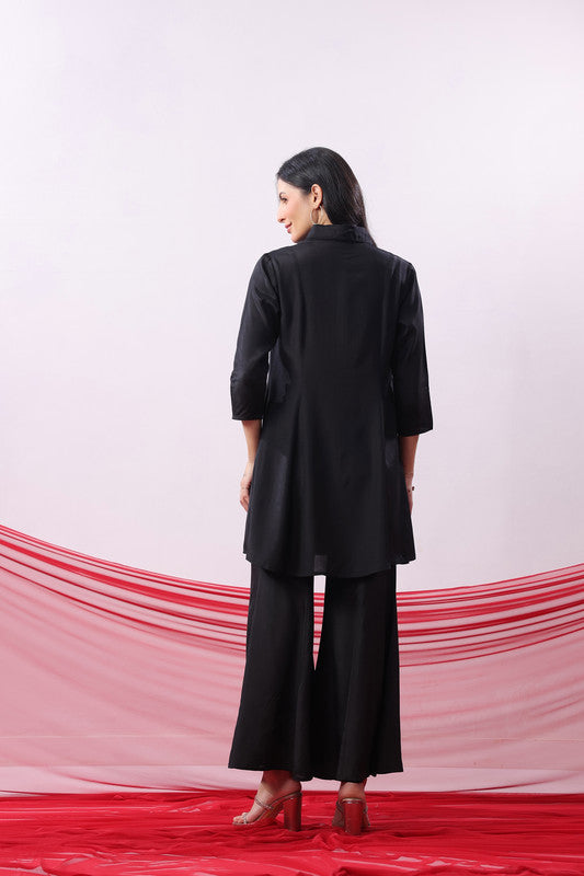 Black Solid Bow Neck Straight Co-Ord Set