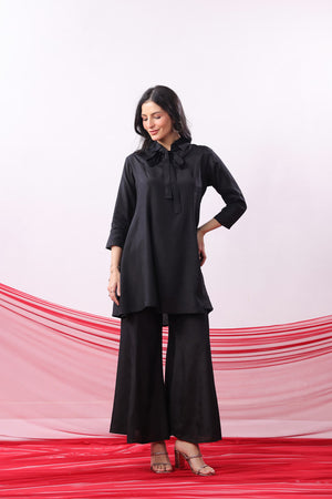 Black Solid Bow Neck Straight Russian Silk Co-ord Set