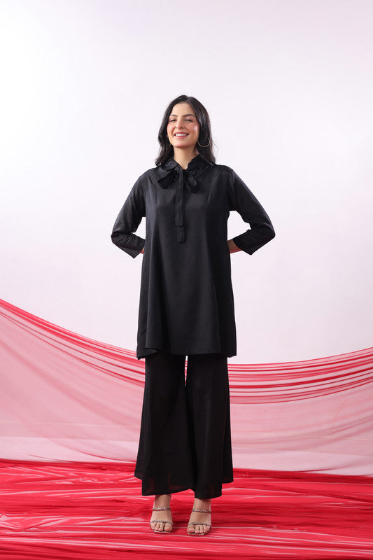 Black Solid Bow Neck Straight Co-Ord Set