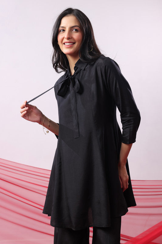 Black Solid Bow Neck Straight Co-Ord Set