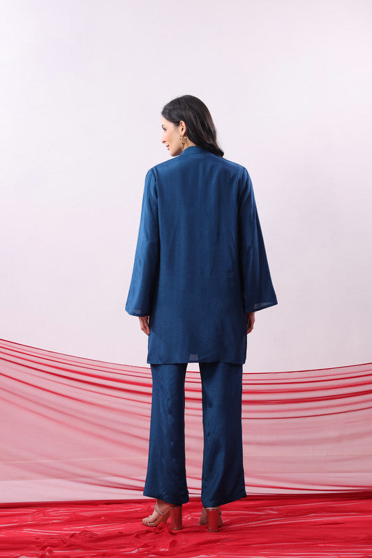 Blue Solid Pintuck Detail Co-Ord Set