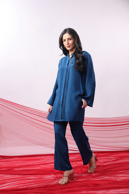 Blue Solid Pintuck Detail Co-Ord Set