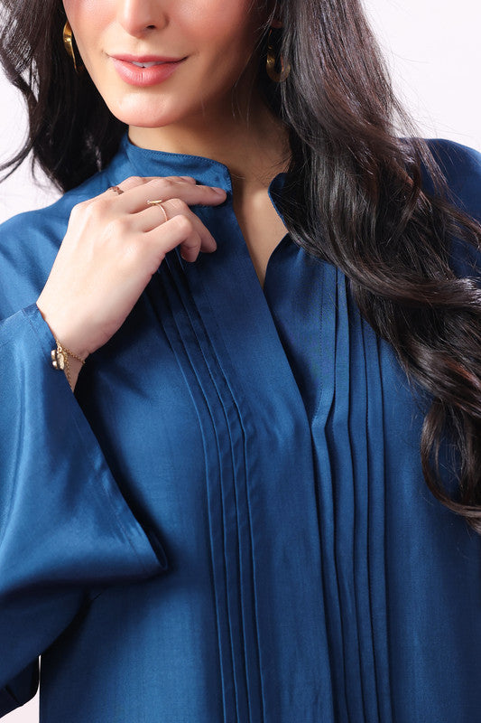 Blue Solid Pintuck Detail Co-Ord Set