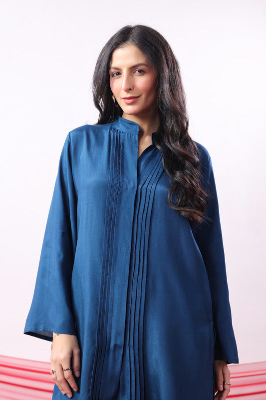 Blue Solid Pintuck Detail Co-Ord Set