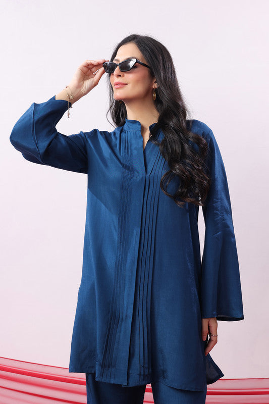 Blue Solid Pintuck Detail Co-Ord Set