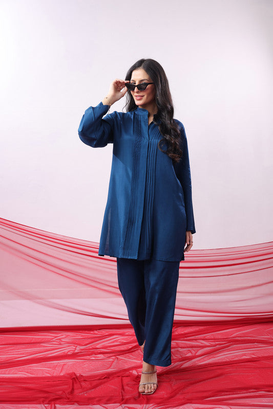 Blue Solid Pintuck Detail Co-Ord Set