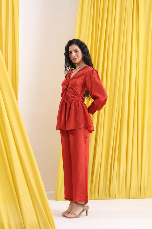 Rust Solid Elegant Front Twist Detail Co-ord Set