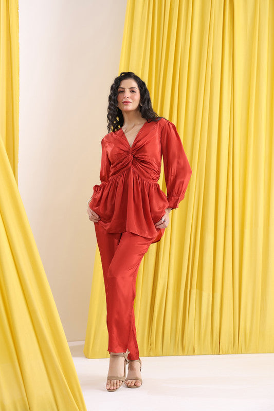 Rust Solid Elegant Front Twist Detail Co-ord Set
