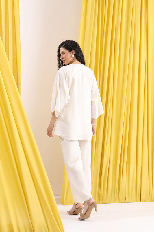 Off-White Solid Front Knot Wrap Style Co-ord Set