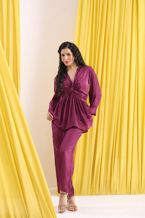 Purple Solid Ruched Front Knot Detail Co-ord Set