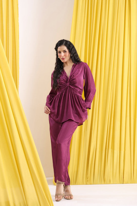 Wine Solid Ruched Front Knot Detail Co-ord Set