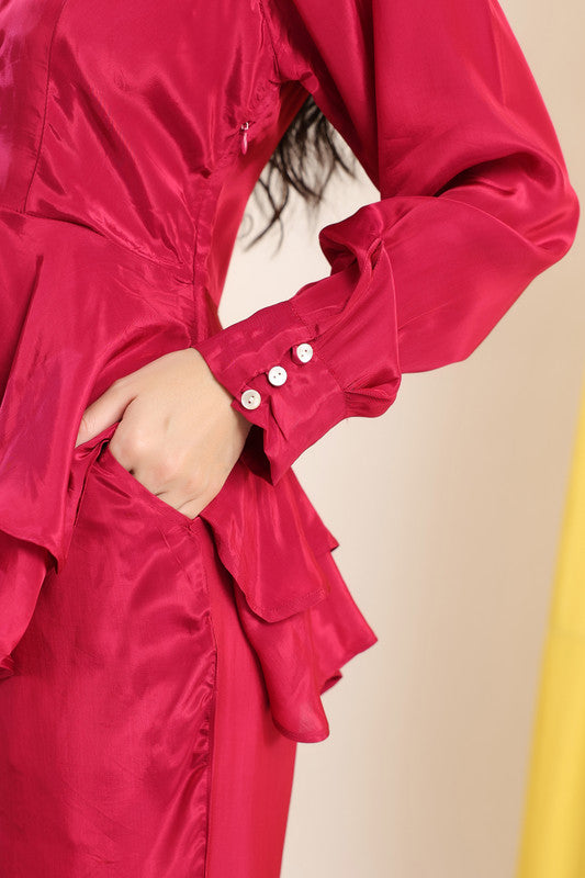 Wine Solid Layered Peplum Tie-Up Co-ord Set