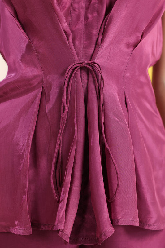 Purple Solid Sleeveless Tie-Up Waist Co-Ord Set
