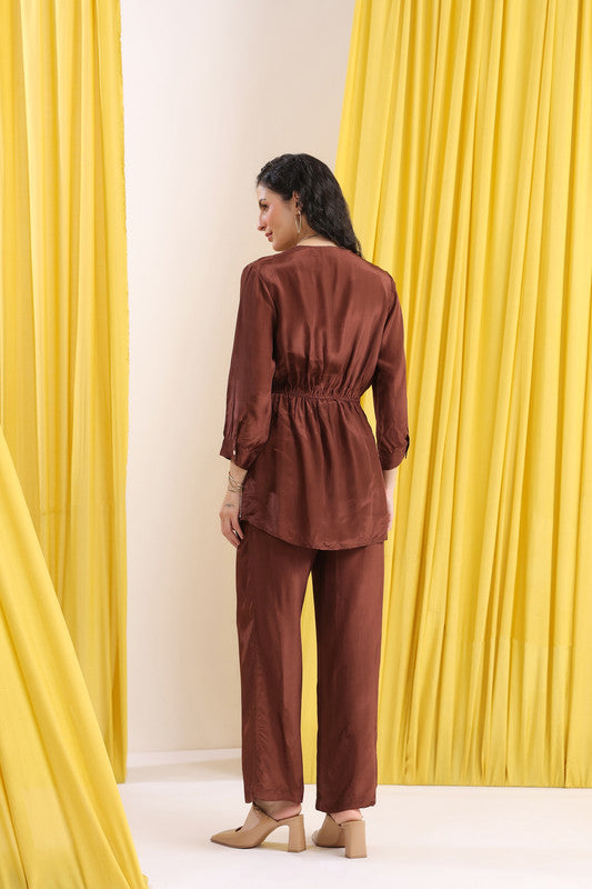 Brown Solid Wrap Minimal Casual Co-ord Set