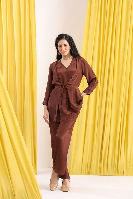 Brown Solid Wrap Minimal Casual Co-ord Set