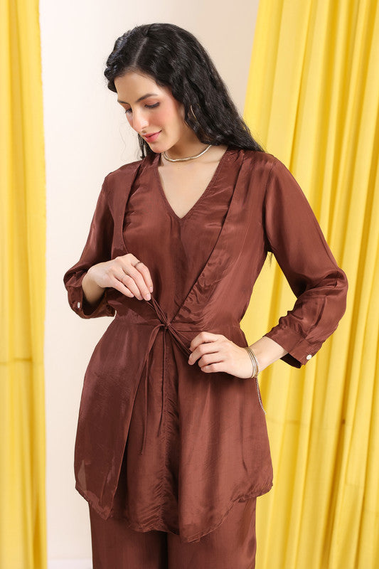 Brown Solid Wrap Minimal Casual Co-ord Set