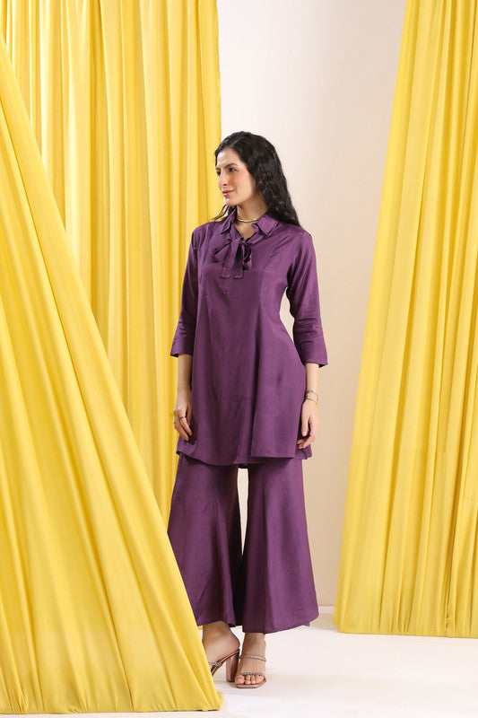 Purple Solid Tie-Up Neck Co-Ord Set