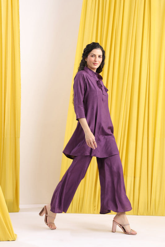 Purple Solid Tie-Up Neck Co-Ord Set
