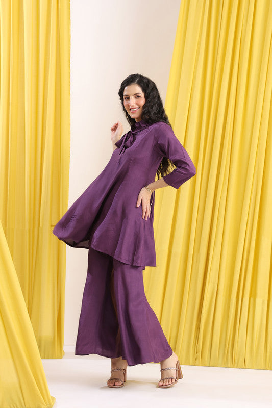 Purple Solid Tie-Up Neck Co-Ord Set