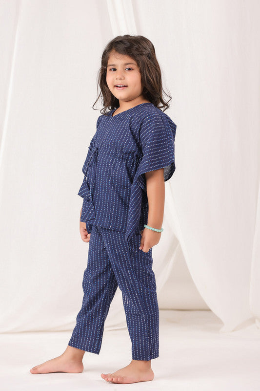 Dotted Kimono Navy Blue Cotton Kaftan Pyjama Set