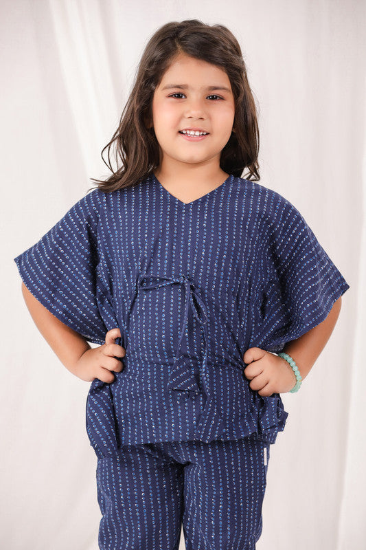 Dotted Kimono Navy Blue Cotton Kaftan Pyjama Set