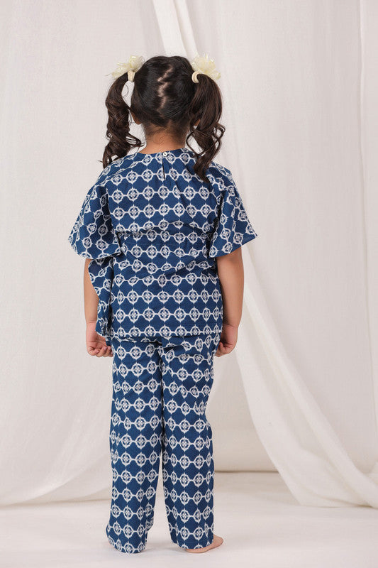 Geometric Print Navy Blue Cotton Kaftan Pyjama Set