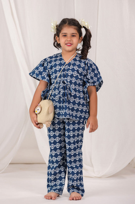 Geometric Print Navy Blue Cotton Kaftan Pyjama Set