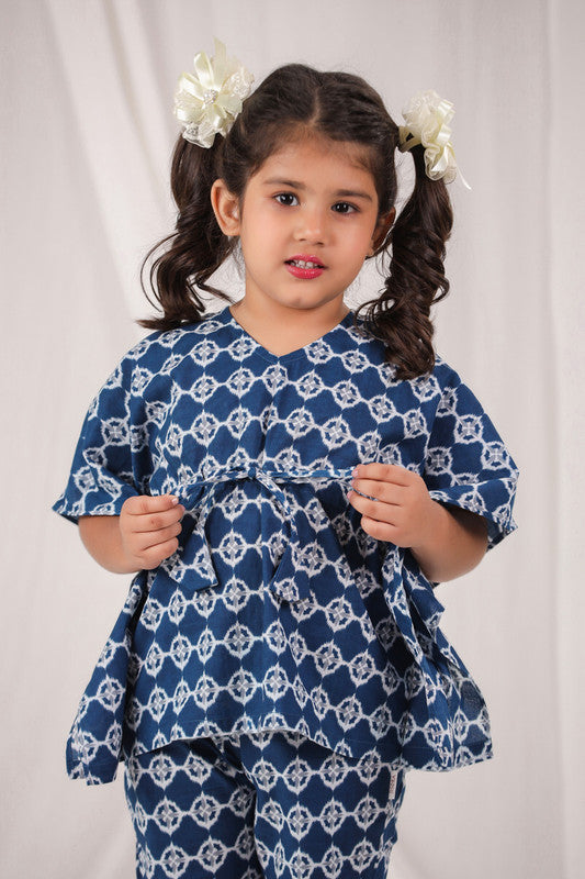 Geometric Print Navy Blue Cotton Kaftan Pyjama Set