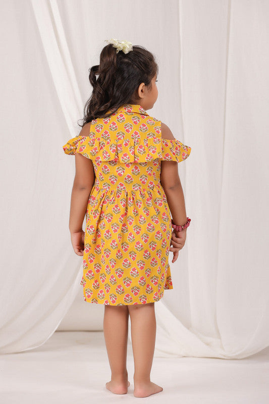 Floral Ruffled Cold-Shoulder Mustard Cotton Dress