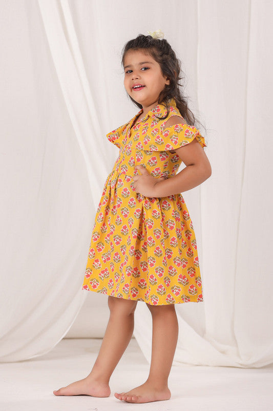 Floral Ruffled Cold-Shoulder Mustard Cotton Dress