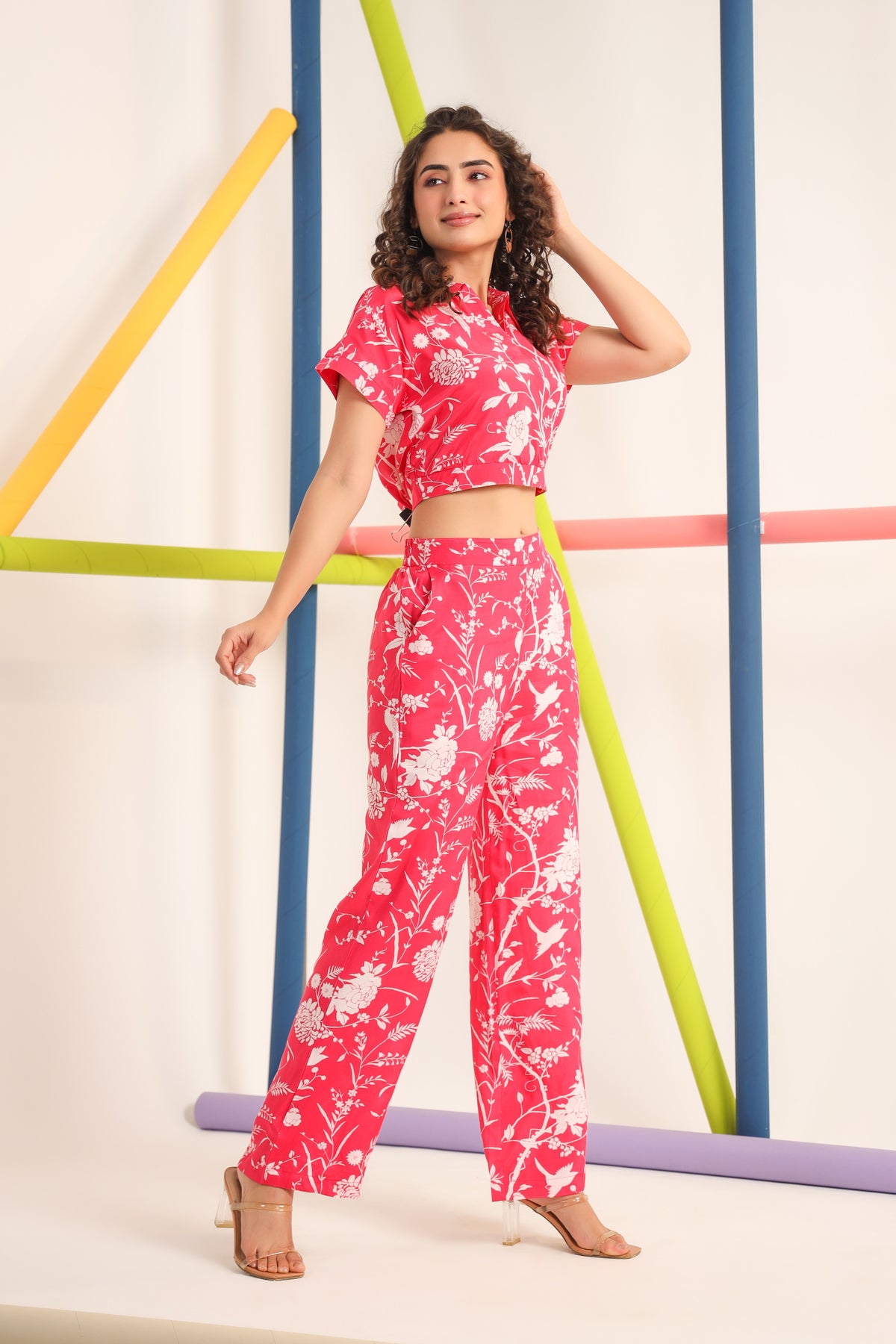 White Twines on Pink Cotton Co-ord Set