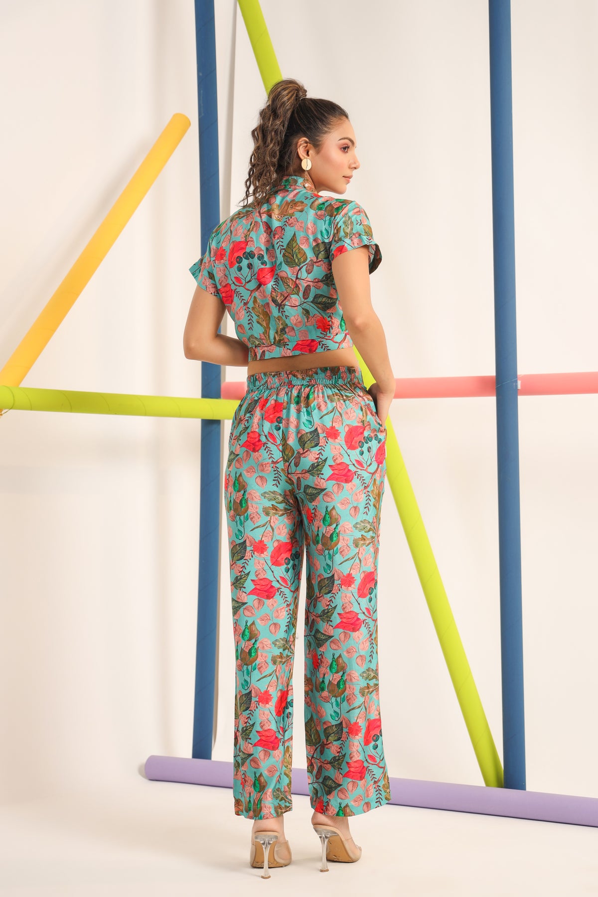 Robin Teal Muslin Silk Crop Top Set