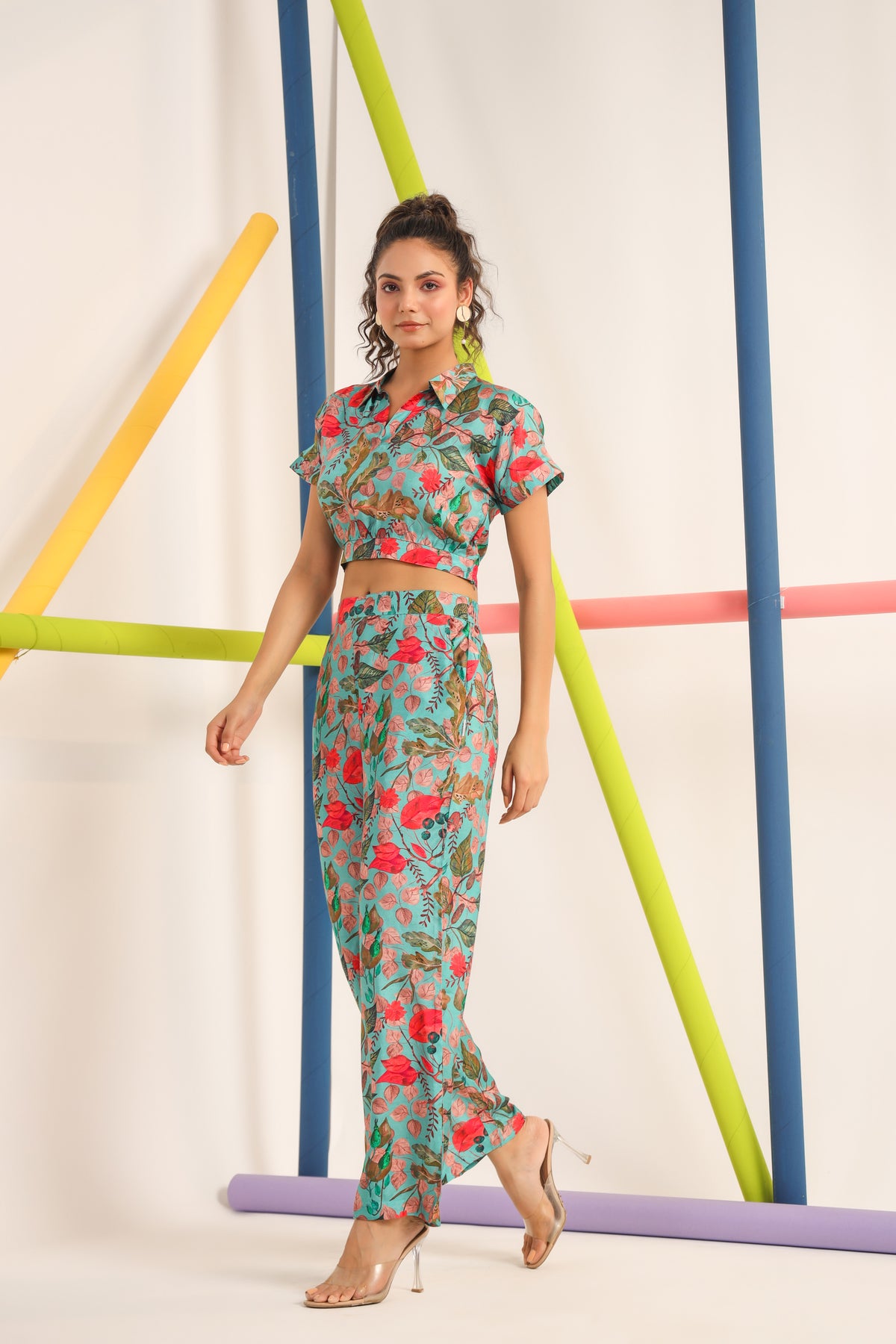 Robin Teal Muslin Silk Crop Top Set