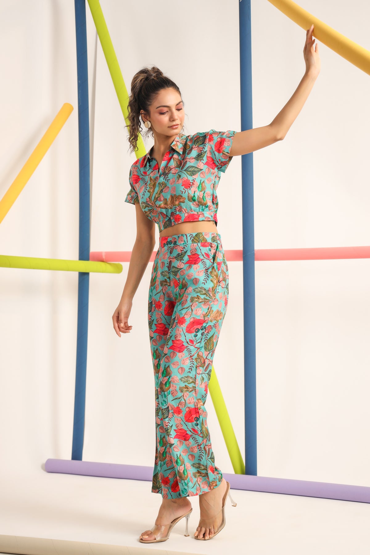 Robin Teal Muslin Silk Crop Top Set