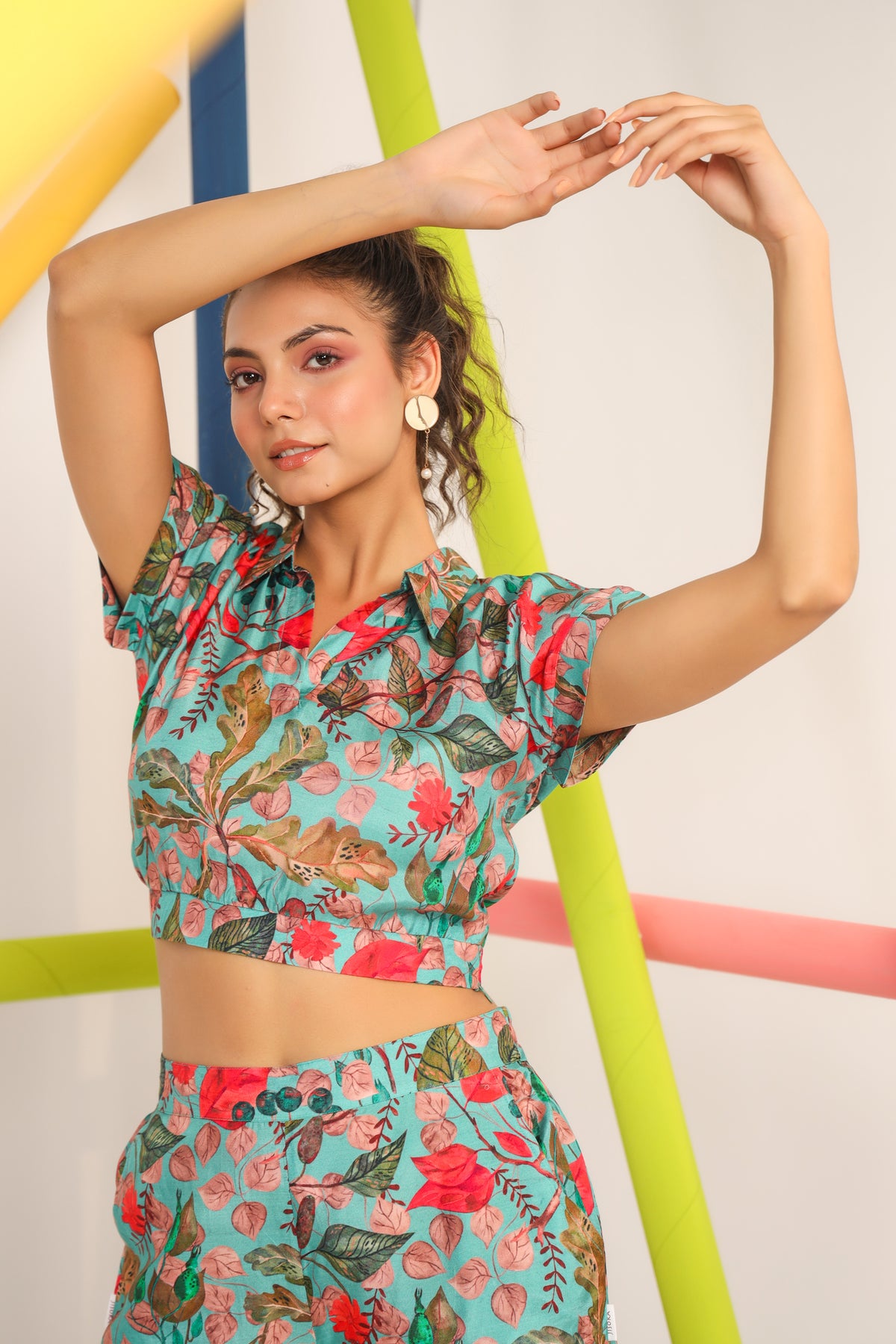 Robin Teal Muslin Silk Crop Top Set