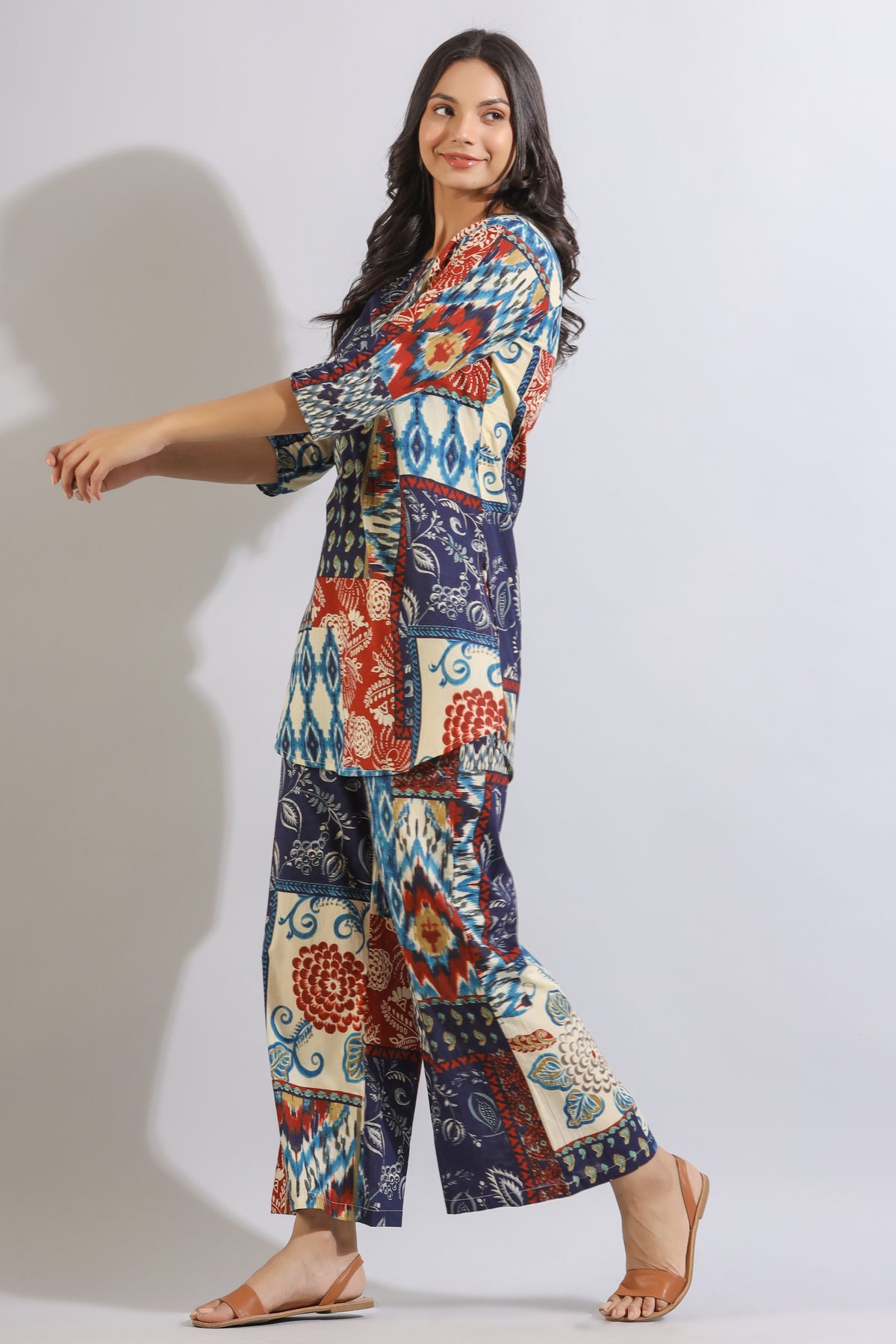 Floral Patches on Printed Cotton Palazzo Loungewear Set