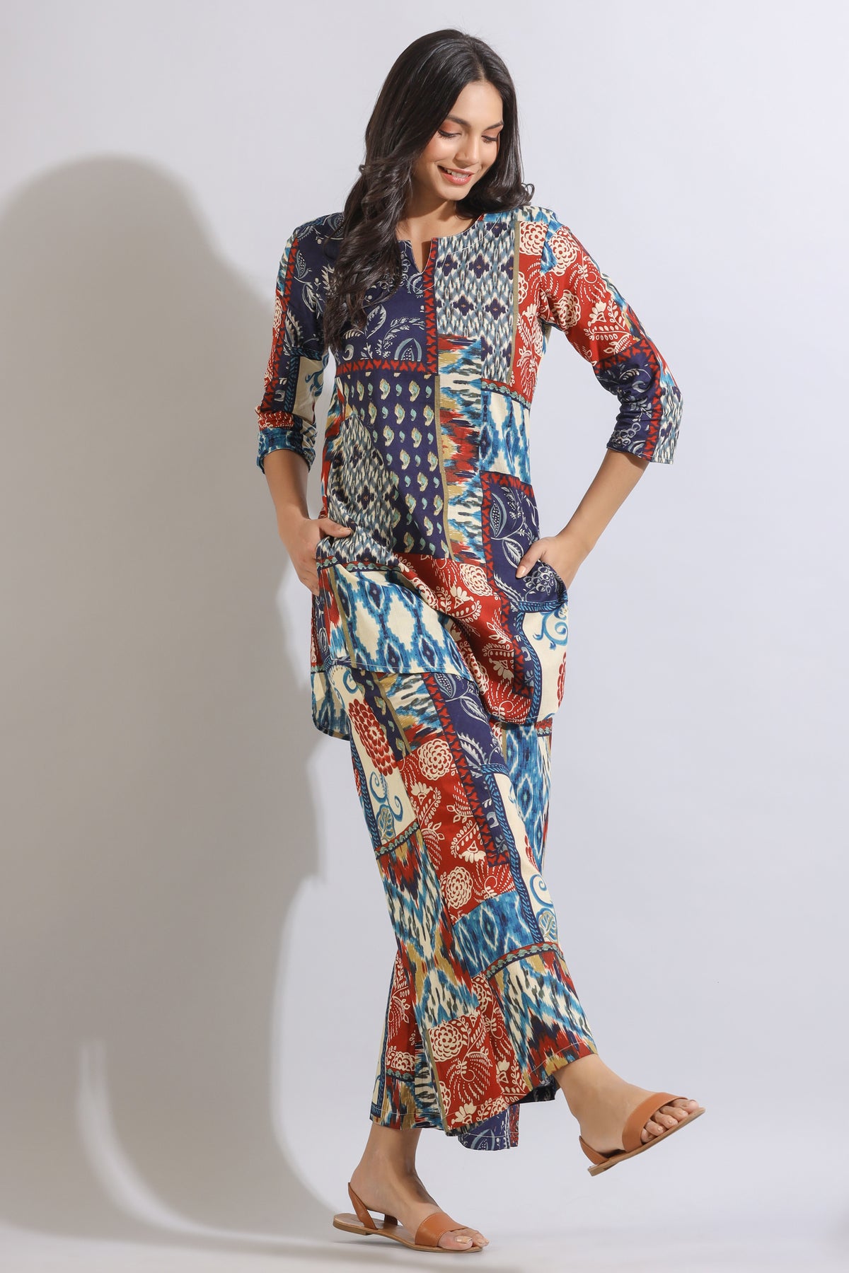 Floral Patches on Printed Cotton Palazzo Loungewear Set