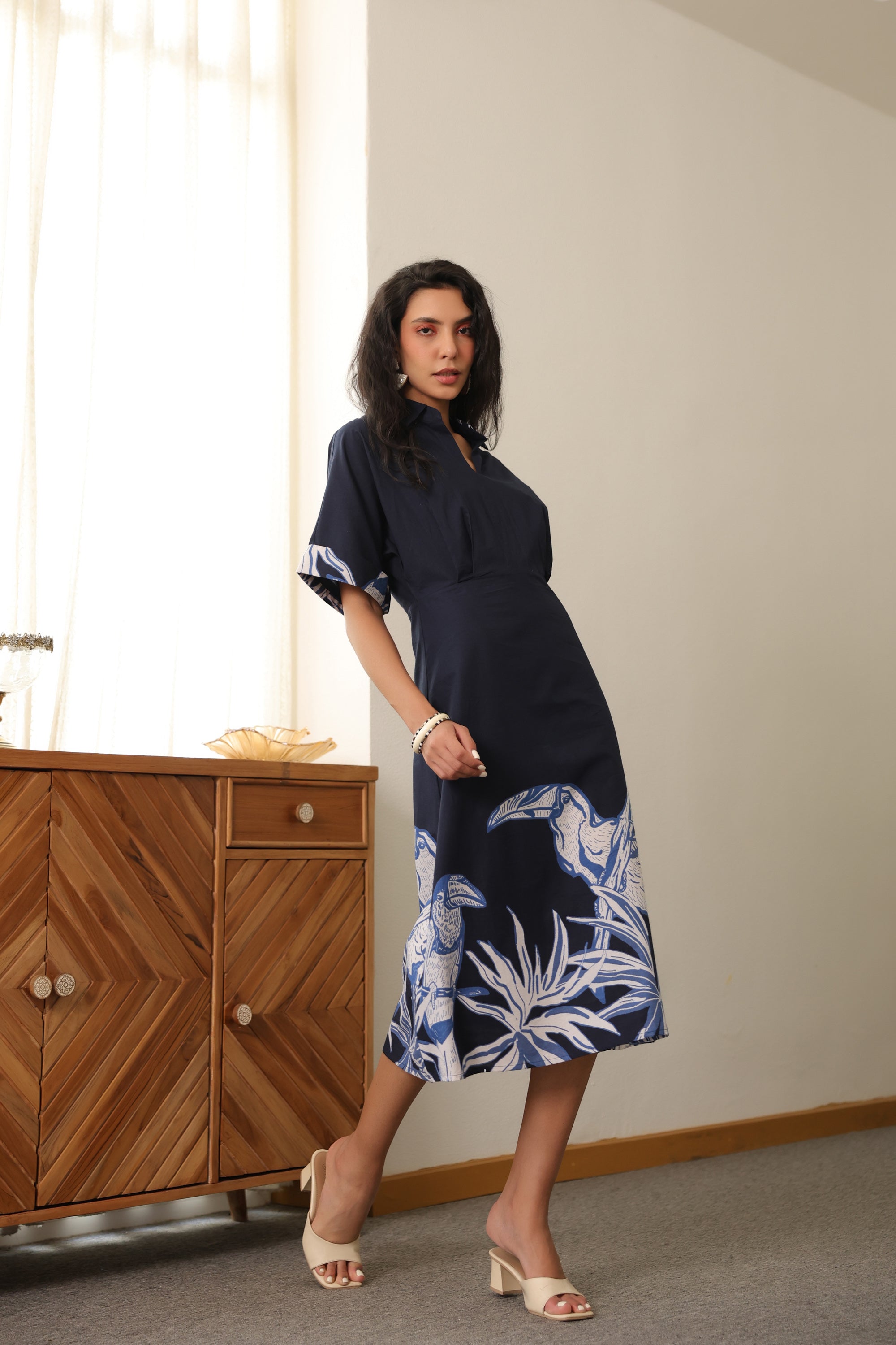 Indigo Birdscape Cotton Dress