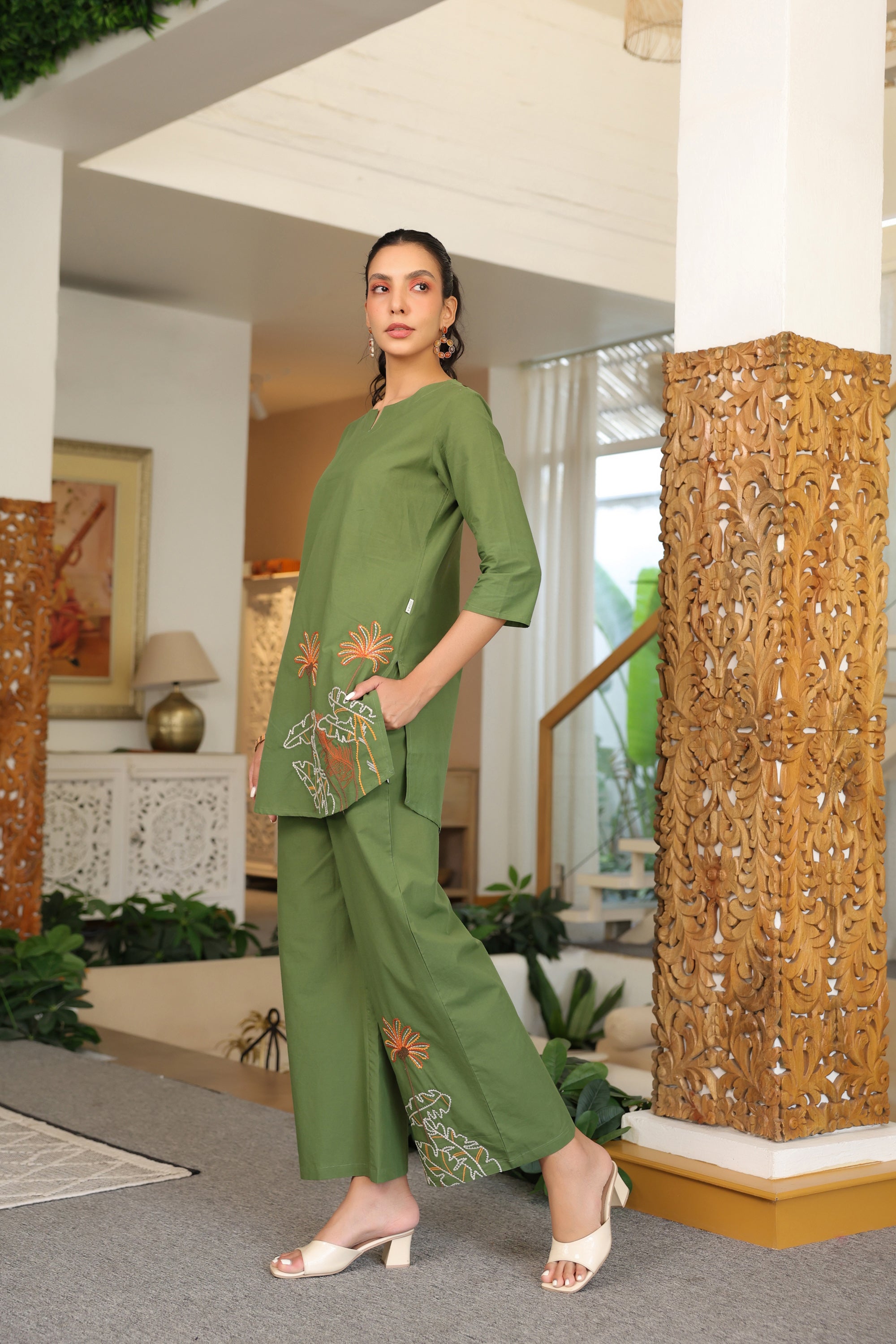 Palm Olive Embroidered Cotton Co-ord Set