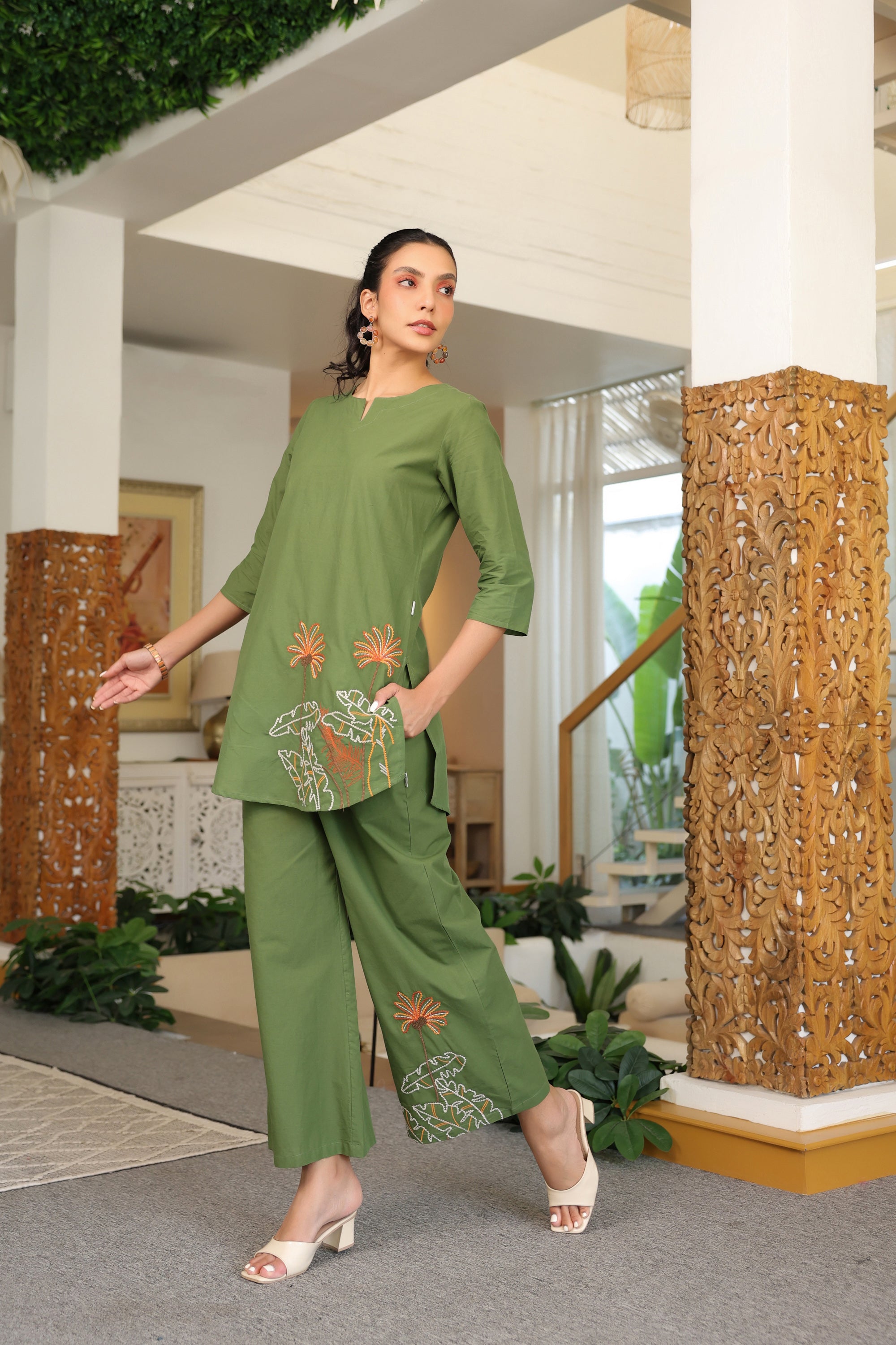 Palm Olive Embroidered Cotton Co-ord Set