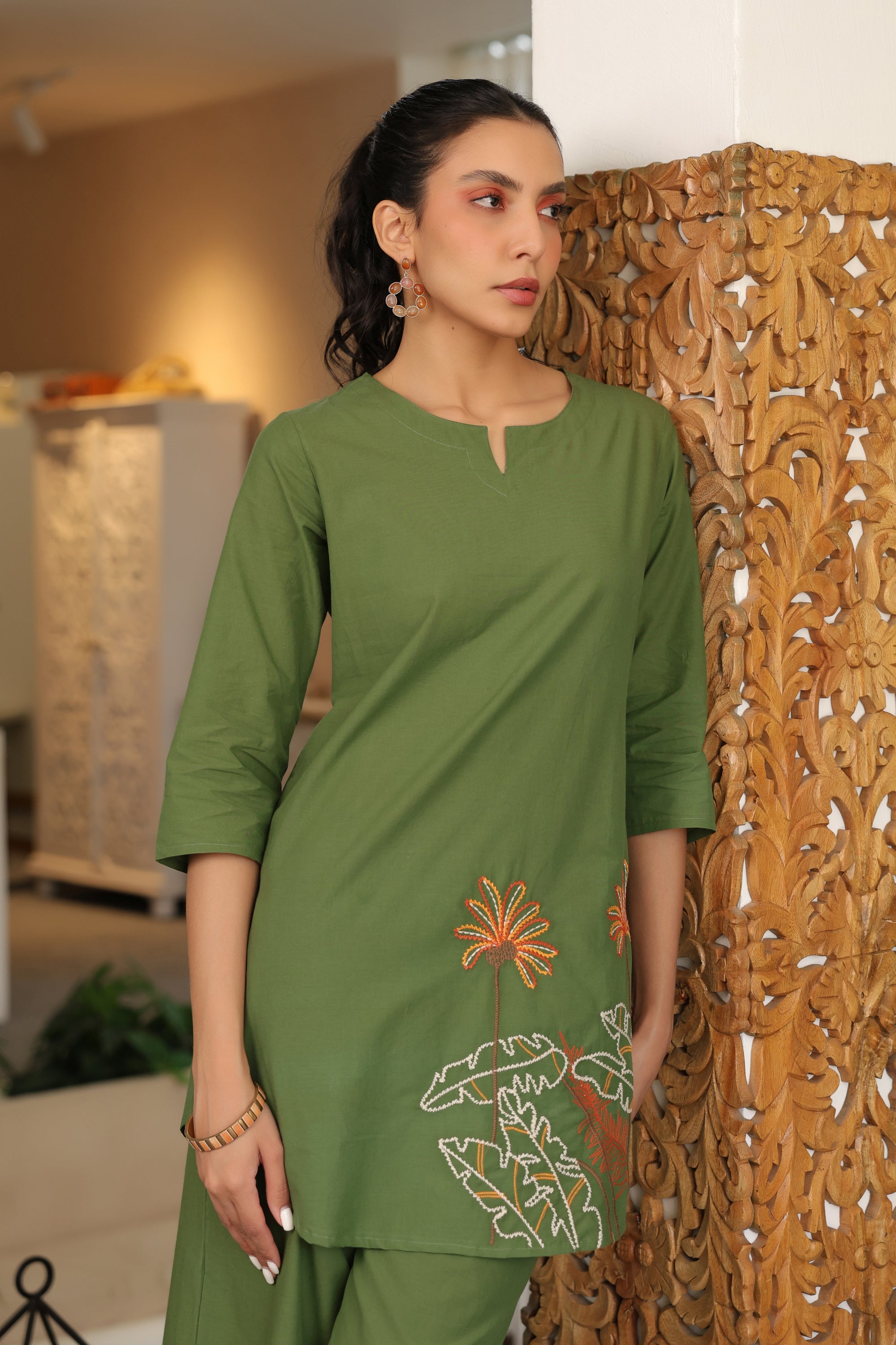 Palm Olive Embroidered Cotton Co-ord Set