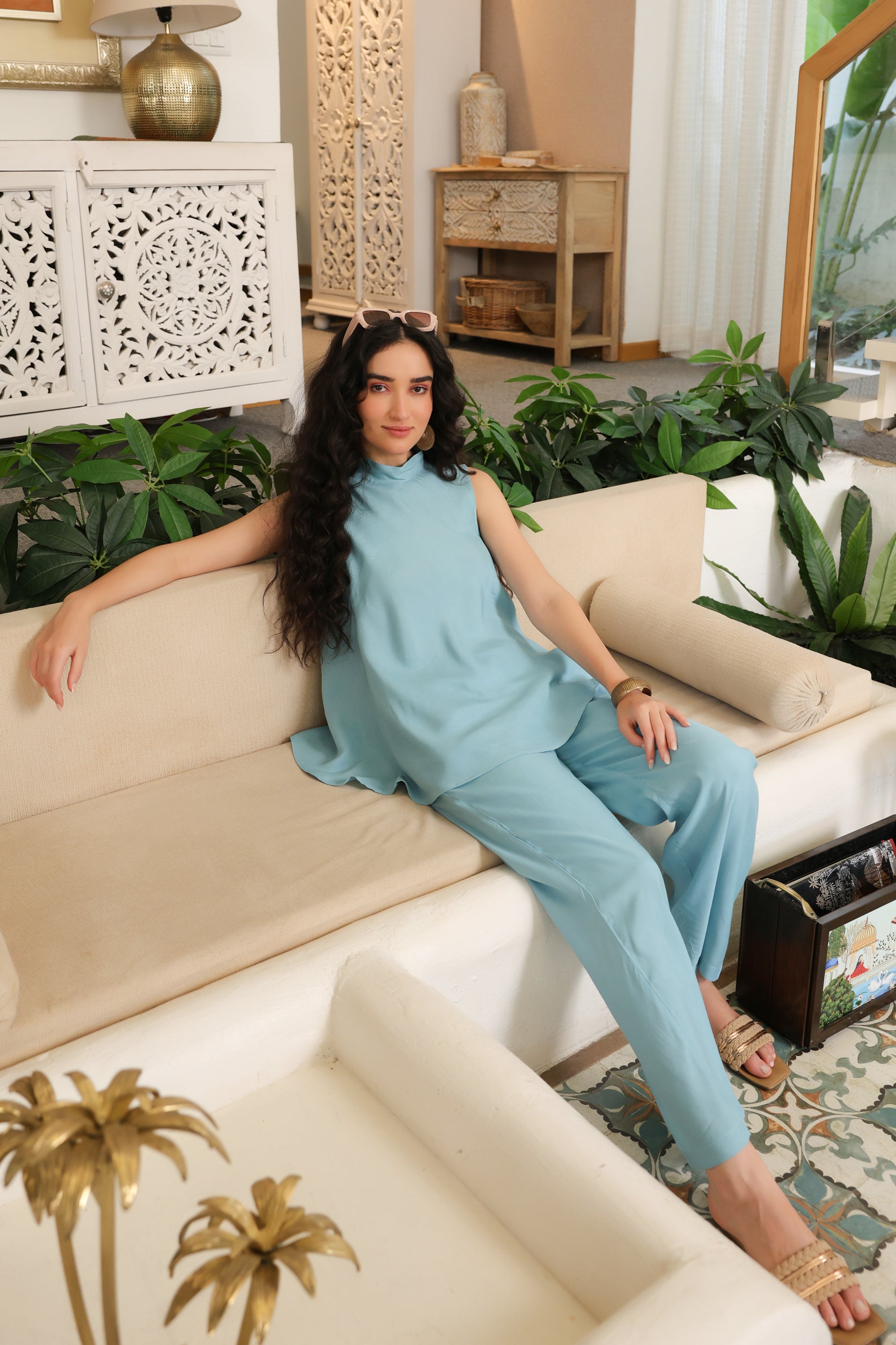 Aqua Grace Sleeveless Russian Silk Co-ord Set